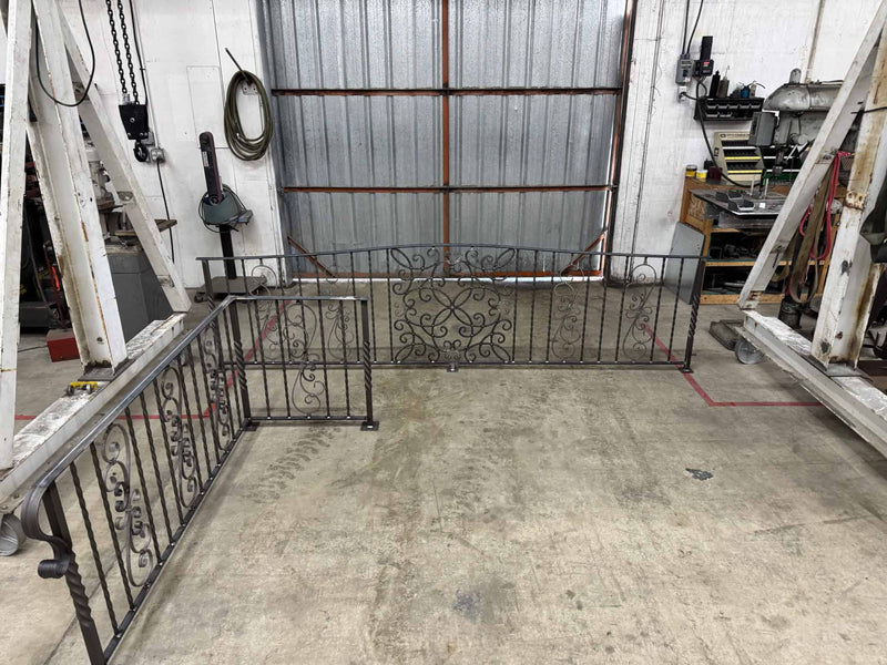 Custom art railings and handrails being prepped for powder coating in metal fab shop roseburg Oregon