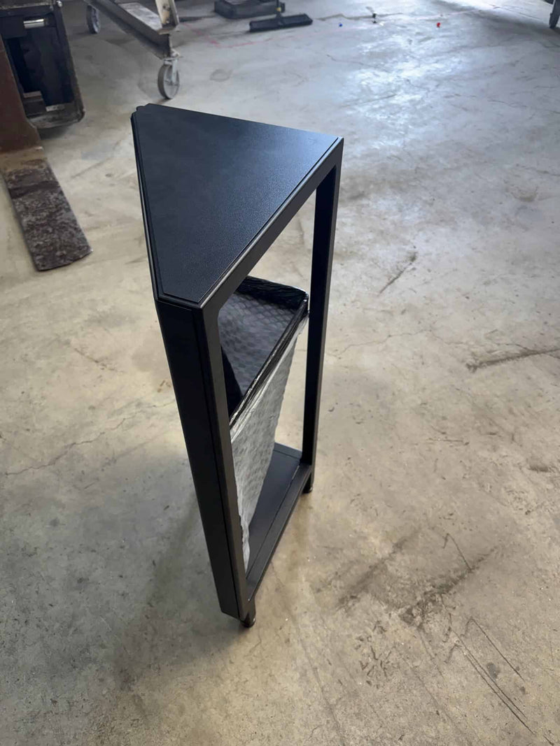 Custom metal trash bin for corner in metal fab building.