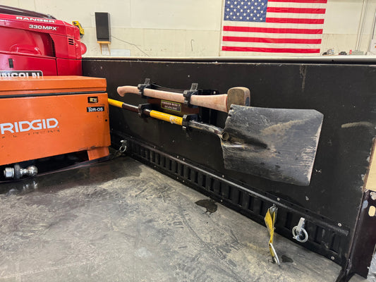 Heavy Duty Flat Mount Fire tool holder for trailer, truck, or emergency equipment. Holding Fire ax and shovel.